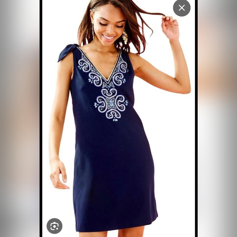 Lilly Pulitzer Penelope Shift Dress Navy Embellished Neckline Size 8
